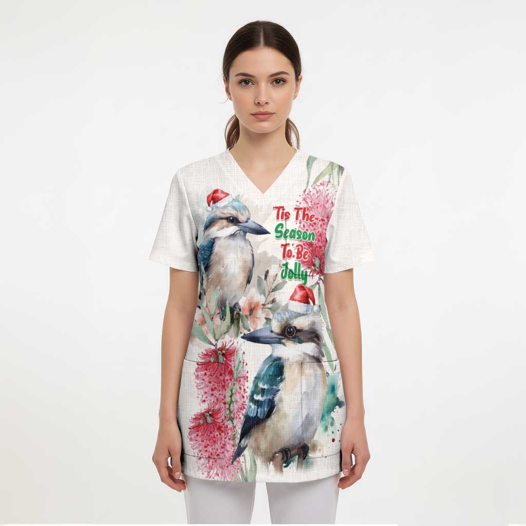 Australia Christmas Scrub Top Jolly Kookaburra Bottlebrush Watercolor - Aussie Hoodie