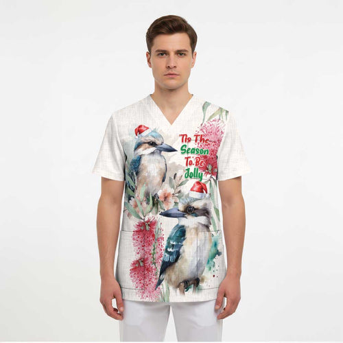 Australia Christmas Scrub Top Jolly Kookaburra Bottlebrush Watercolor - Aussie Hoodie