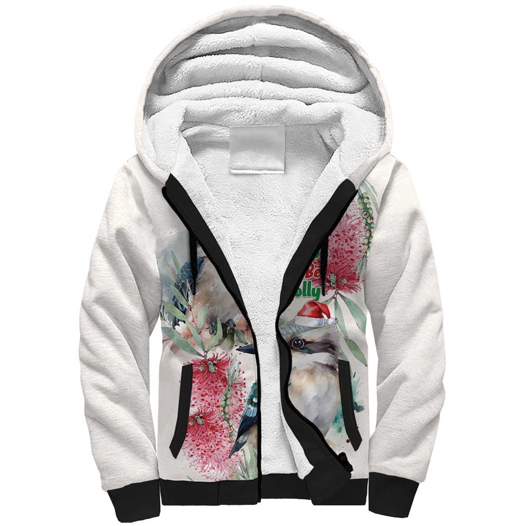 Australia Christmas Sherpa Hoodie Jolly Kookaburra Bottlebrush Watercolor - Aussie Hoodie