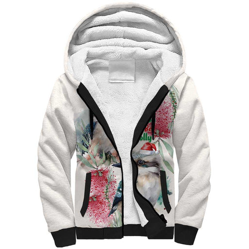 Australia Christmas Sherpa Hoodie Jolly Kookaburra Bottlebrush Watercolor - Aussie Hoodie