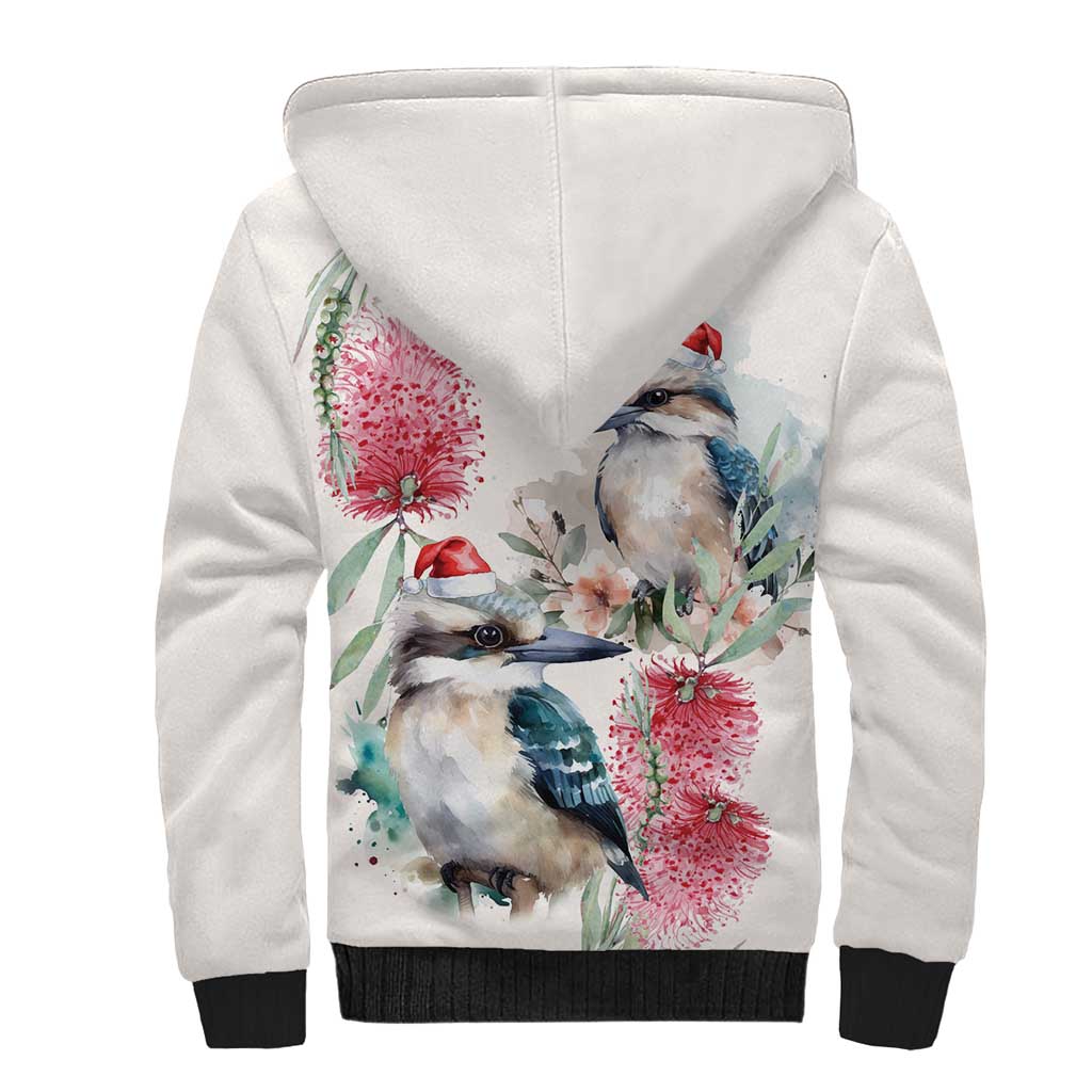 Australia Christmas Sherpa Hoodie Jolly Kookaburra Bottlebrush Watercolor - Aussie Hoodie