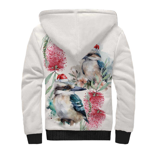 Australia Christmas Sherpa Hoodie Jolly Kookaburra Bottlebrush Watercolor - Aussie Hoodie