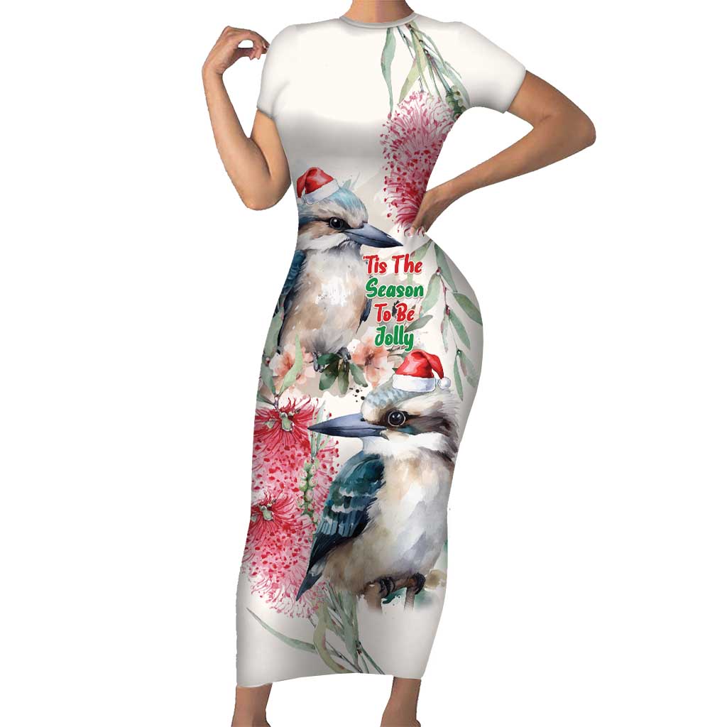 Australia Christmas Short Sleeve Bodycon Dress Jolly Kookaburra Bottlebrush Watercolor - Aussie Hoodie