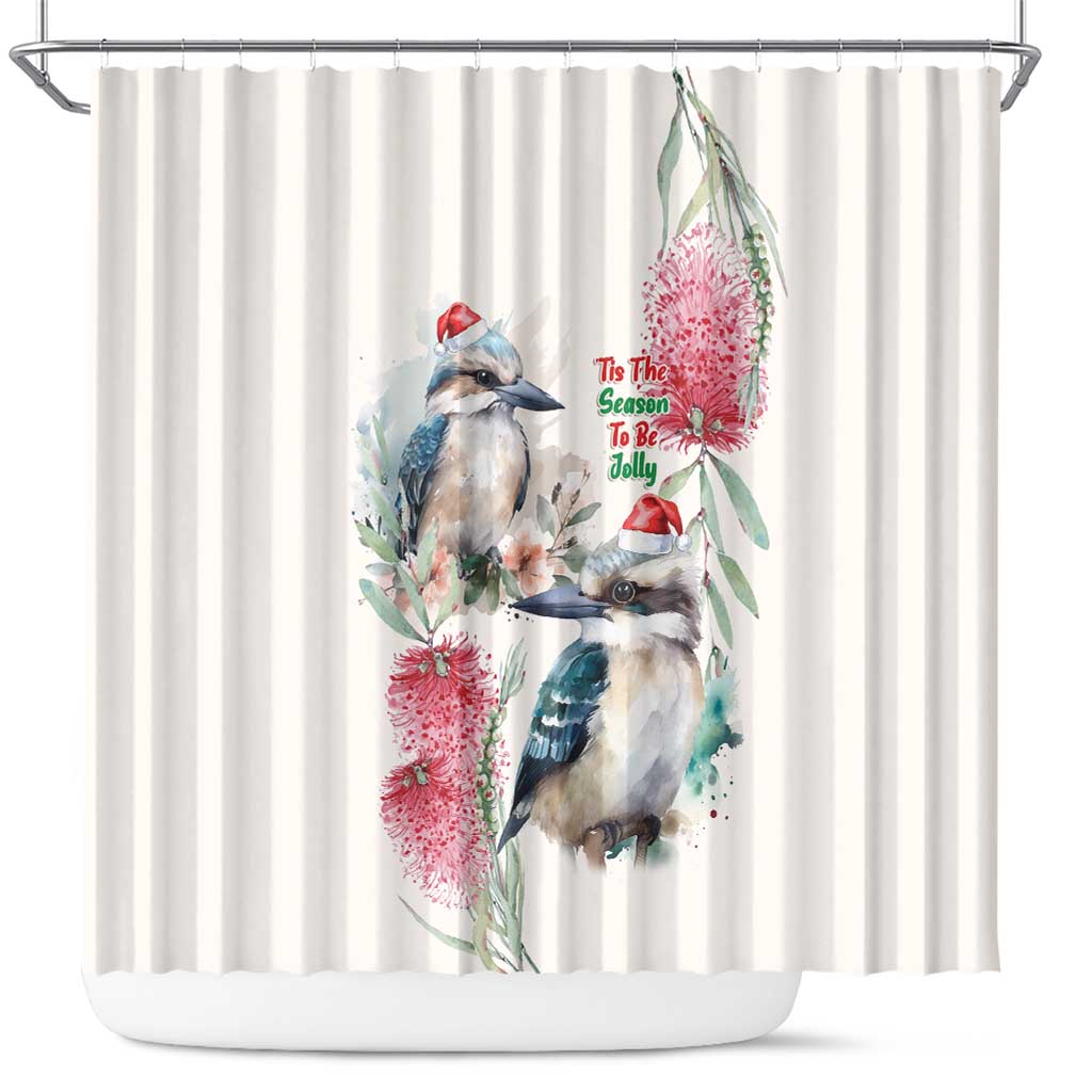 Australia Christmas Shower Curtain Jolly Kookaburra Bottlebrush Watercolor - Aussie Hoodie