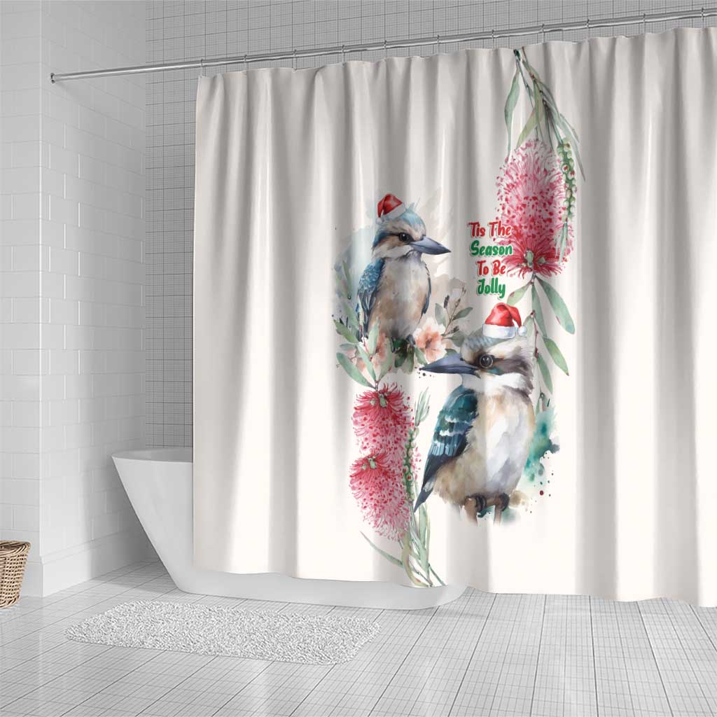 Australia Christmas Shower Curtain Jolly Kookaburra Bottlebrush Watercolor - Aussie Hoodie