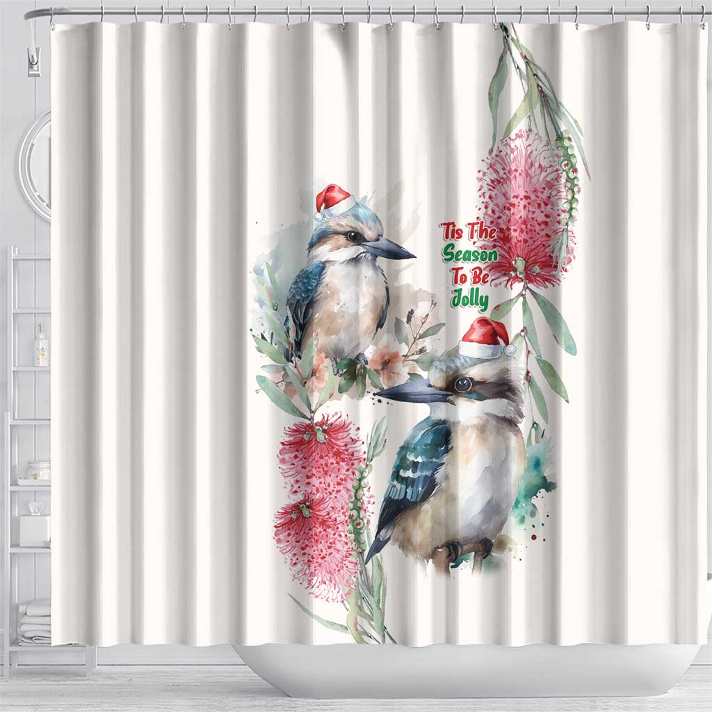 Australia Christmas Shower Curtain Jolly Kookaburra Bottlebrush Watercolor - Aussie Hoodie