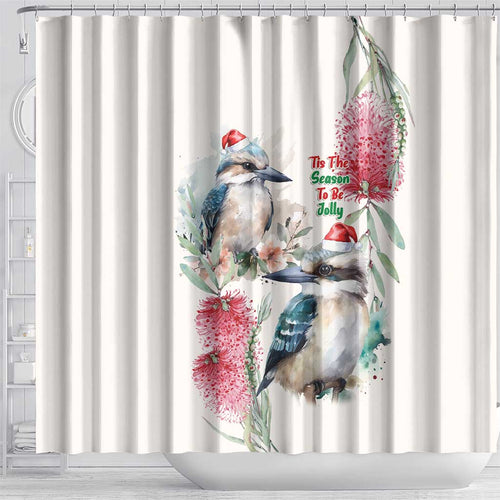 Australia Christmas Shower Curtain Jolly Kookaburra Bottlebrush Watercolor - Aussie Hoodie