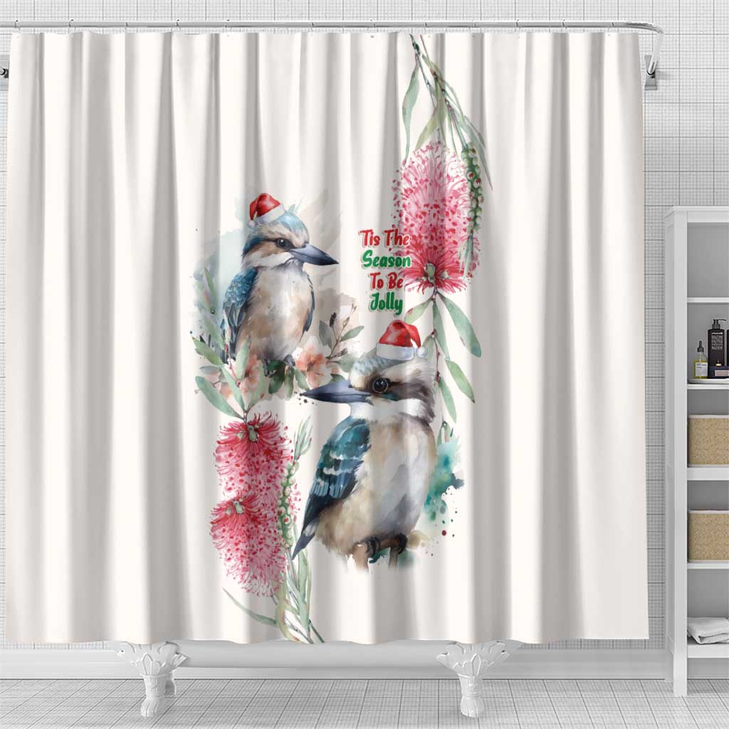Australia Christmas Shower Curtain Jolly Kookaburra Bottlebrush Watercolor - Aussie Hoodie