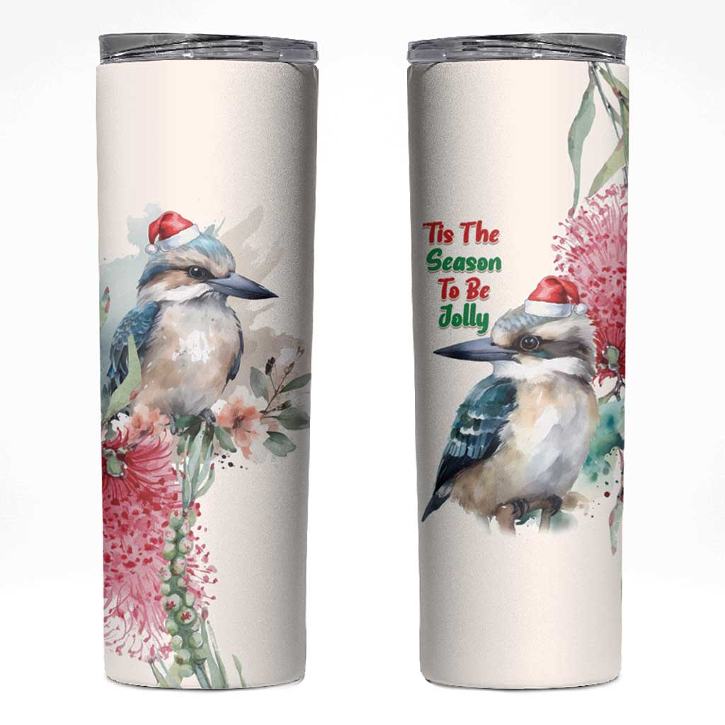 Australia Christmas Skinny Tumbler Jolly Kookaburra Bottlebrush Watercolor - Aussie Hoodie
