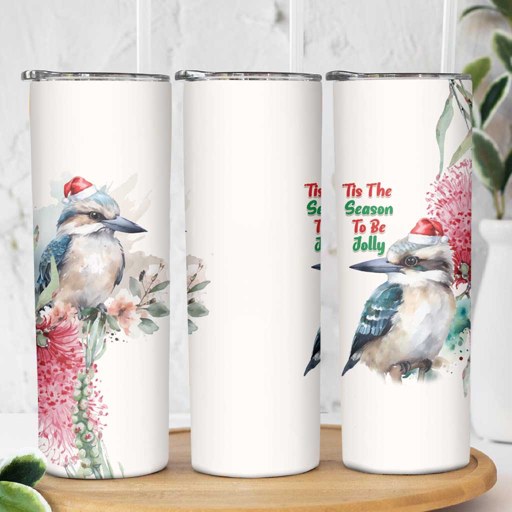 Australia Christmas Skinny Tumbler Jolly Kookaburra Bottlebrush Watercolor - Aussie Hoodie