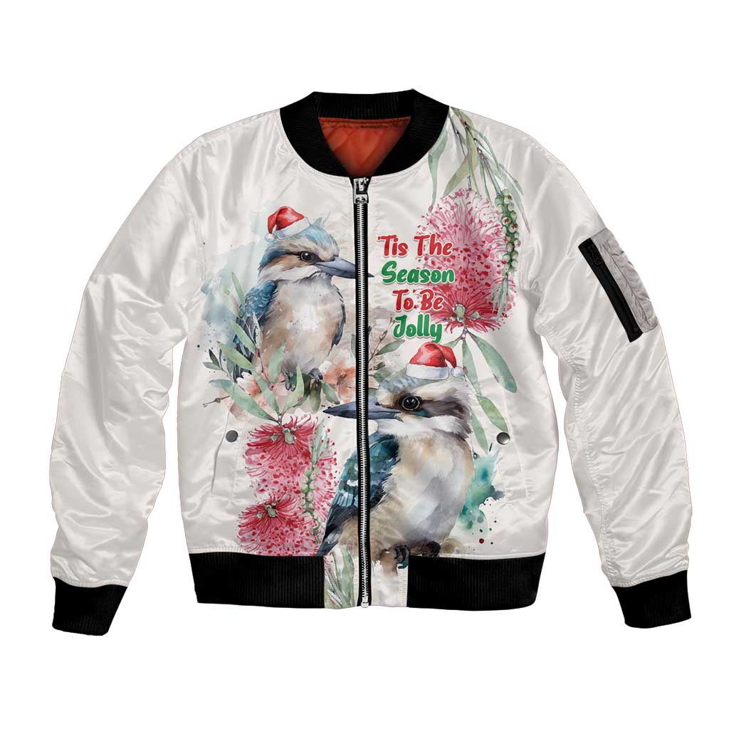 Australia Christmas Sleeve Zip Bomber Jacket Jolly Kookaburra Bottlebrush Watercolor - Aussie Hoodie