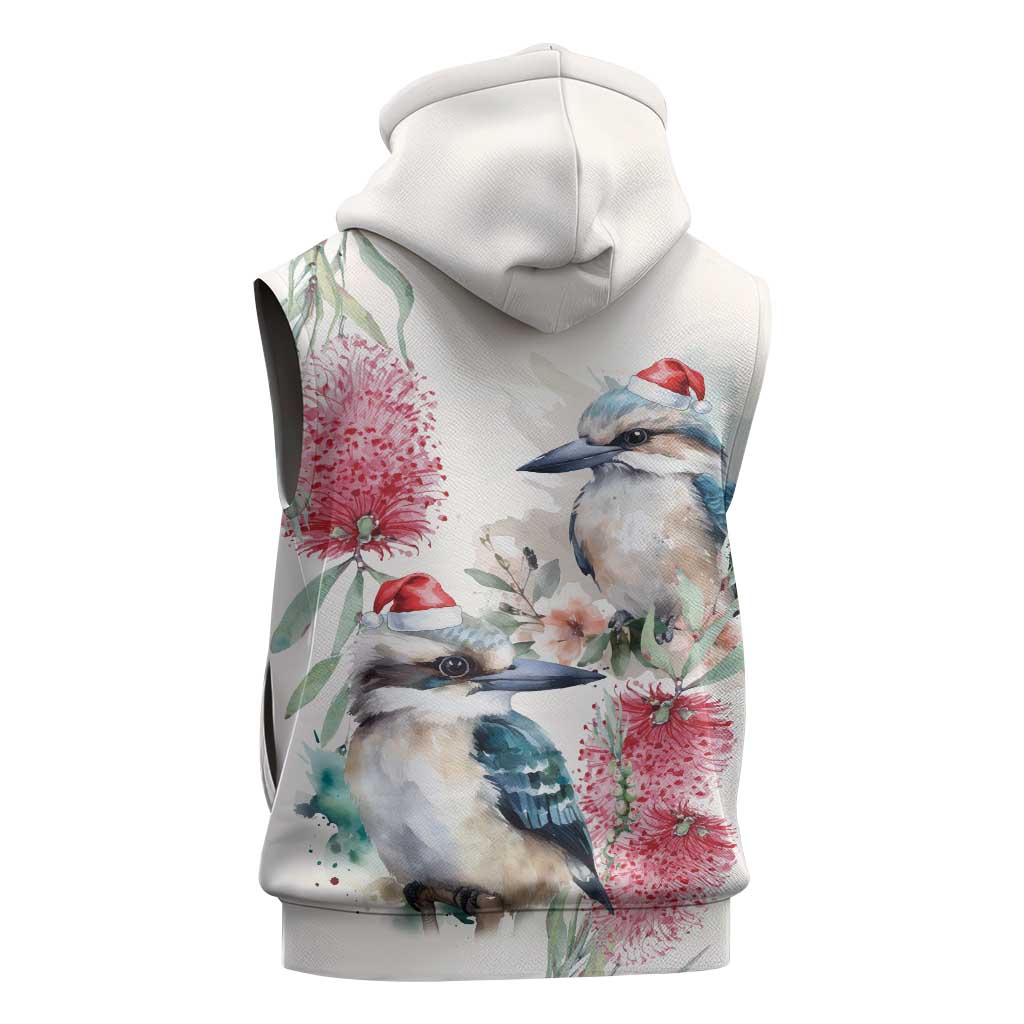 Australia Christmas Sleeveless Hoodie Jolly Kookaburra Bottlebrush Watercolor - Aussie Hoodie