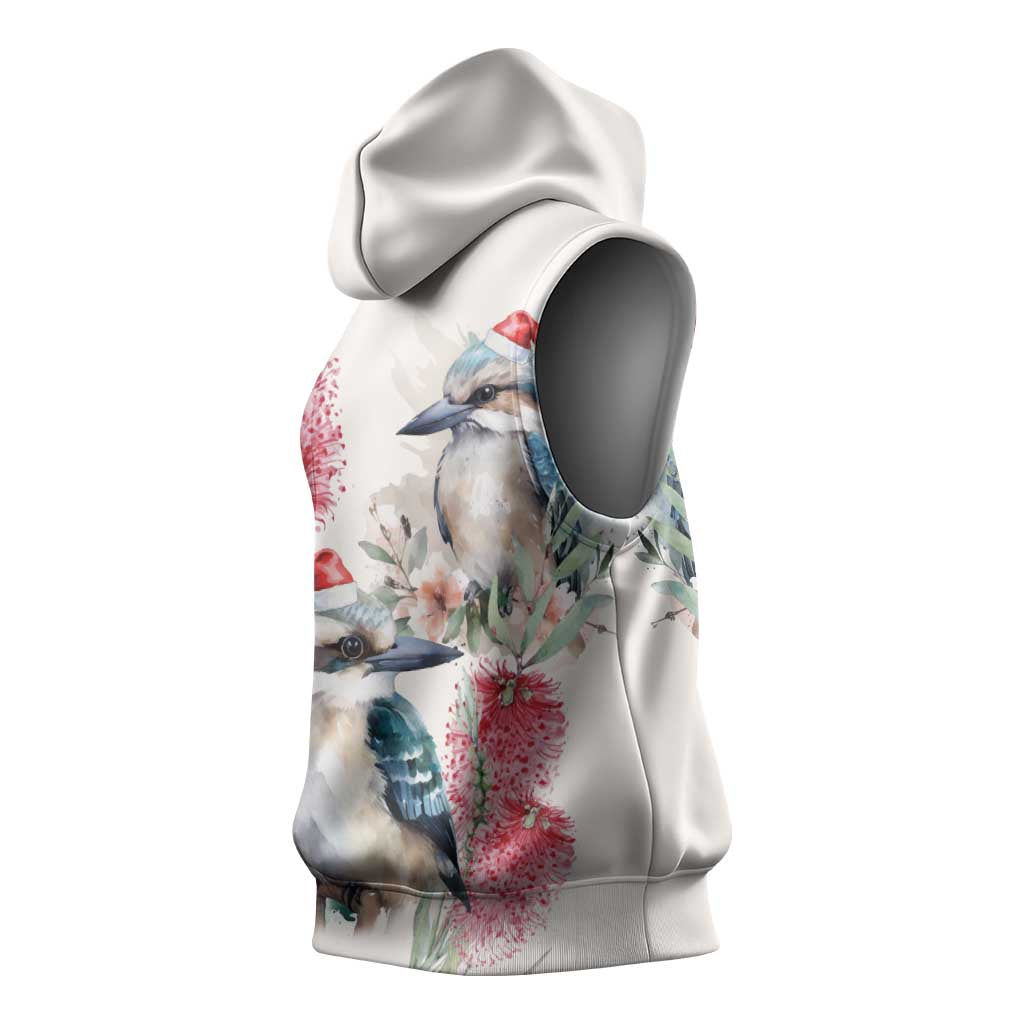 Australia Christmas Sleeveless Hoodie Jolly Kookaburra Bottlebrush Watercolor - Aussie Hoodie