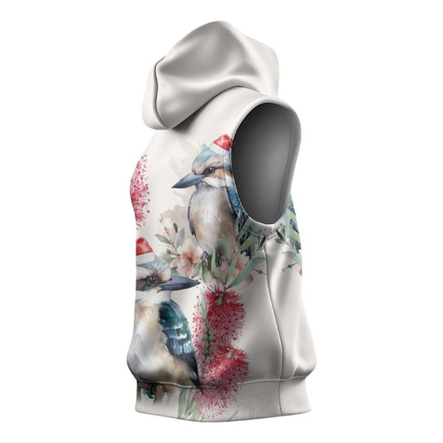 Australia Christmas Sleeveless Hoodie Jolly Kookaburra Bottlebrush Watercolor - Aussie Hoodie