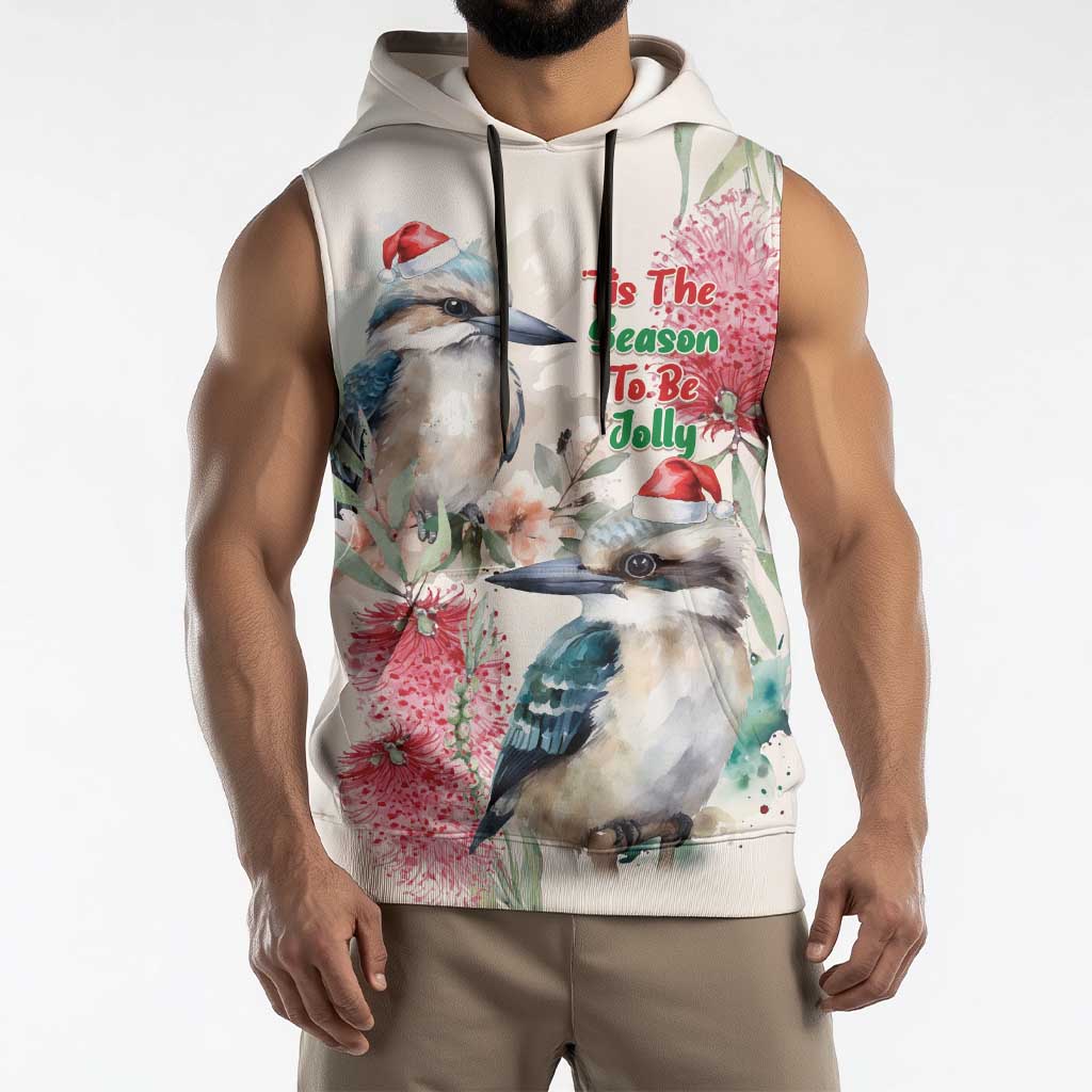 Australia Christmas Sleeveless Hoodie Jolly Kookaburra Bottlebrush Watercolor - Aussie Hoodie