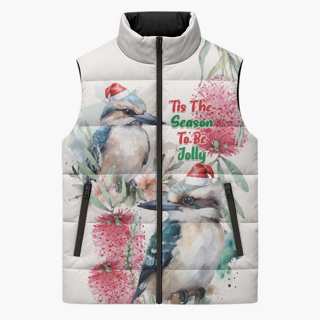 Australia Christmas Sleeveless Puffer Jacket Jolly Kookaburra Bottlebrush Watercolor - Aussie Hoodie
