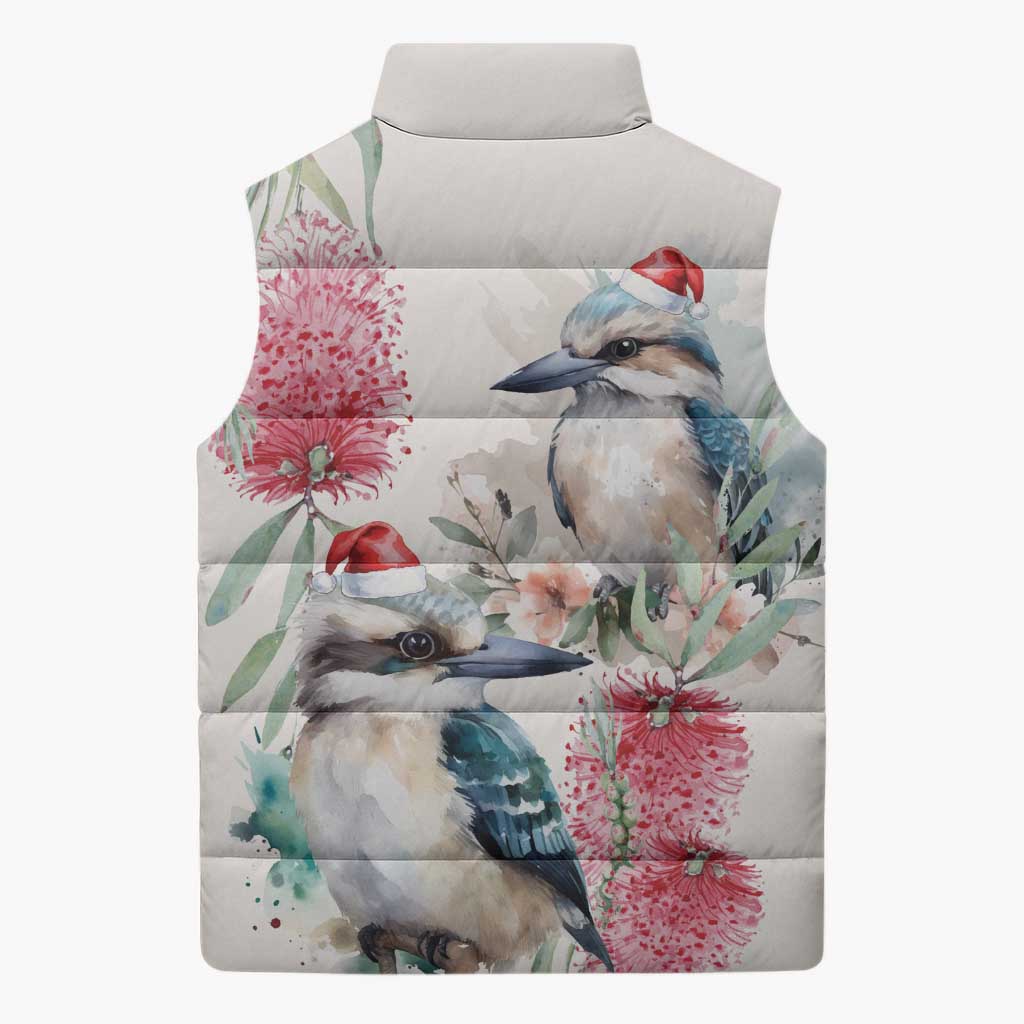 Australia Christmas Sleeveless Puffer Jacket Jolly Kookaburra Bottlebrush Watercolor - Aussie Hoodie