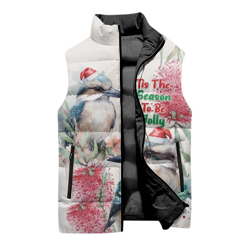 Australia Christmas Sleeveless Puffer Jacket Jolly Kookaburra Bottlebrush Watercolor - Aussie Hoodie