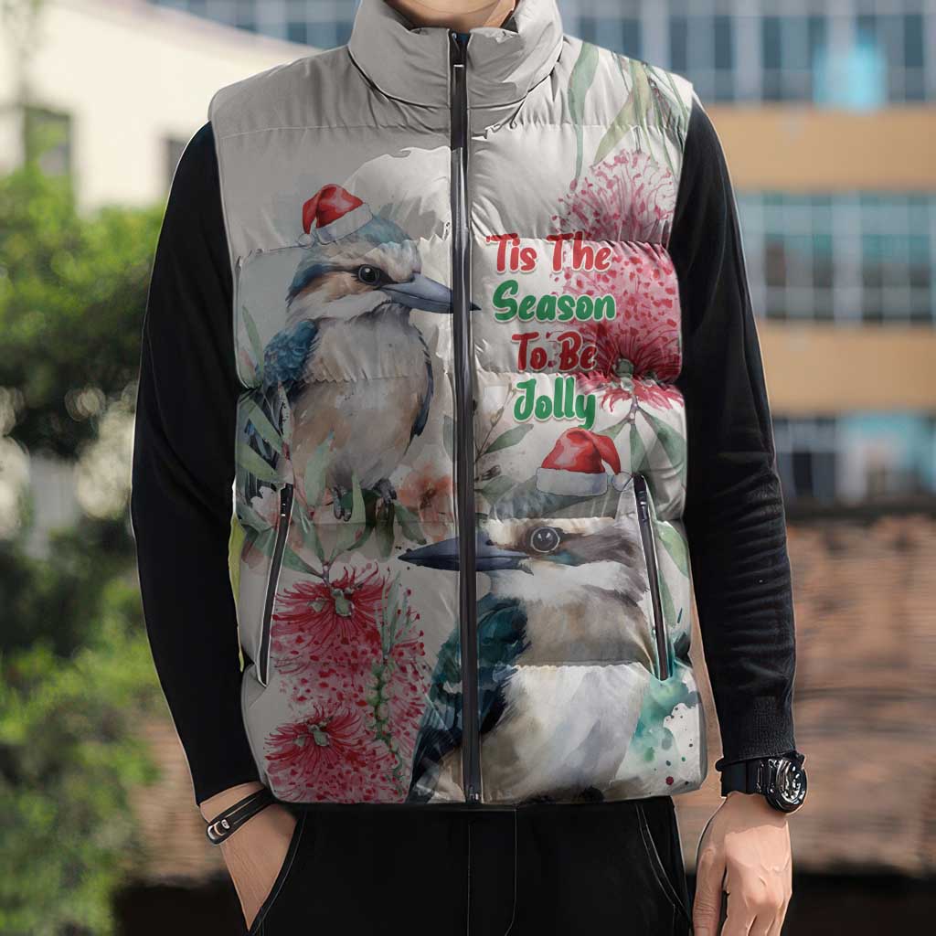 Australia Christmas Sleeveless Puffer Jacket Jolly Kookaburra Bottlebrush Watercolor - Aussie Hoodie