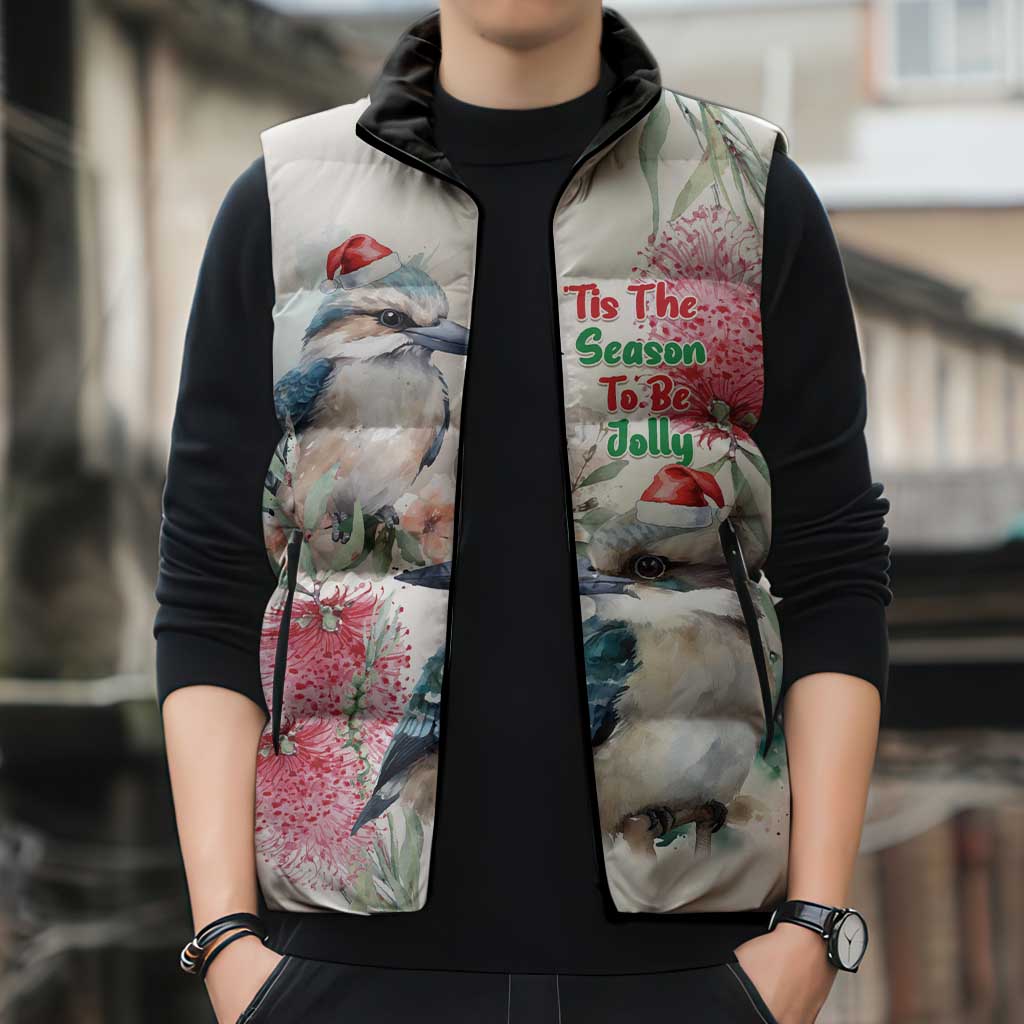 Australia Christmas Sleeveless Puffer Jacket Jolly Kookaburra Bottlebrush Watercolor - Aussie Hoodie