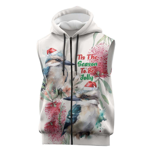 Australia Christmas Sleeveless Zip Hoodie Jolly Kookaburra Bottlebrush Watercolor LT14