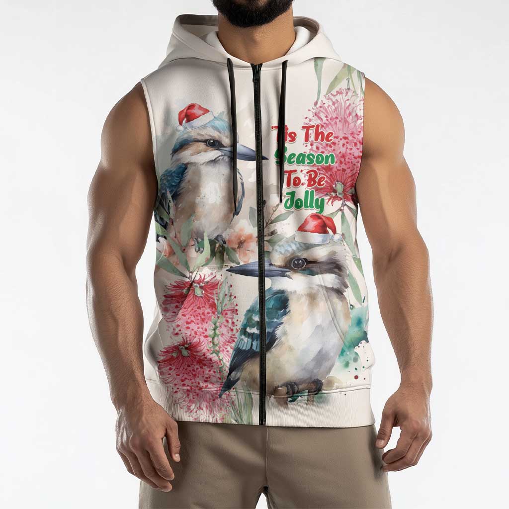 Australia Christmas Sleeveless Zip Hoodie Jolly Kookaburra Bottlebrush Watercolor LT14