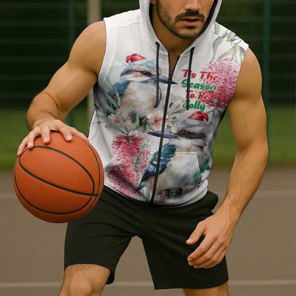 Australia Christmas Sleeveless Zip Hoodie Jolly Kookaburra Bottlebrush Watercolor LT14