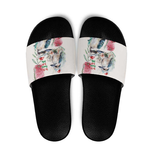 Australia Christmas Slide Sandals Jolly Kookaburra Bottlebrush Watercolor - Aussie Hoodie