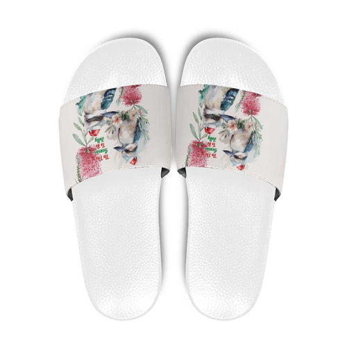 Australia Christmas Slide Sandals Jolly Kookaburra Bottlebrush Watercolor - Aussie Hoodie