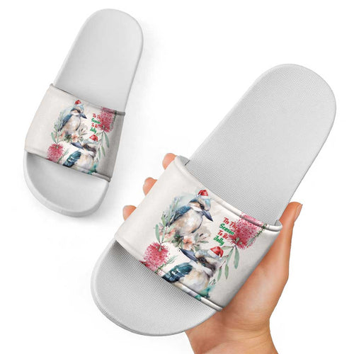 Australia Christmas Slide Sandals Jolly Kookaburra Bottlebrush Watercolor - Aussie Hoodie