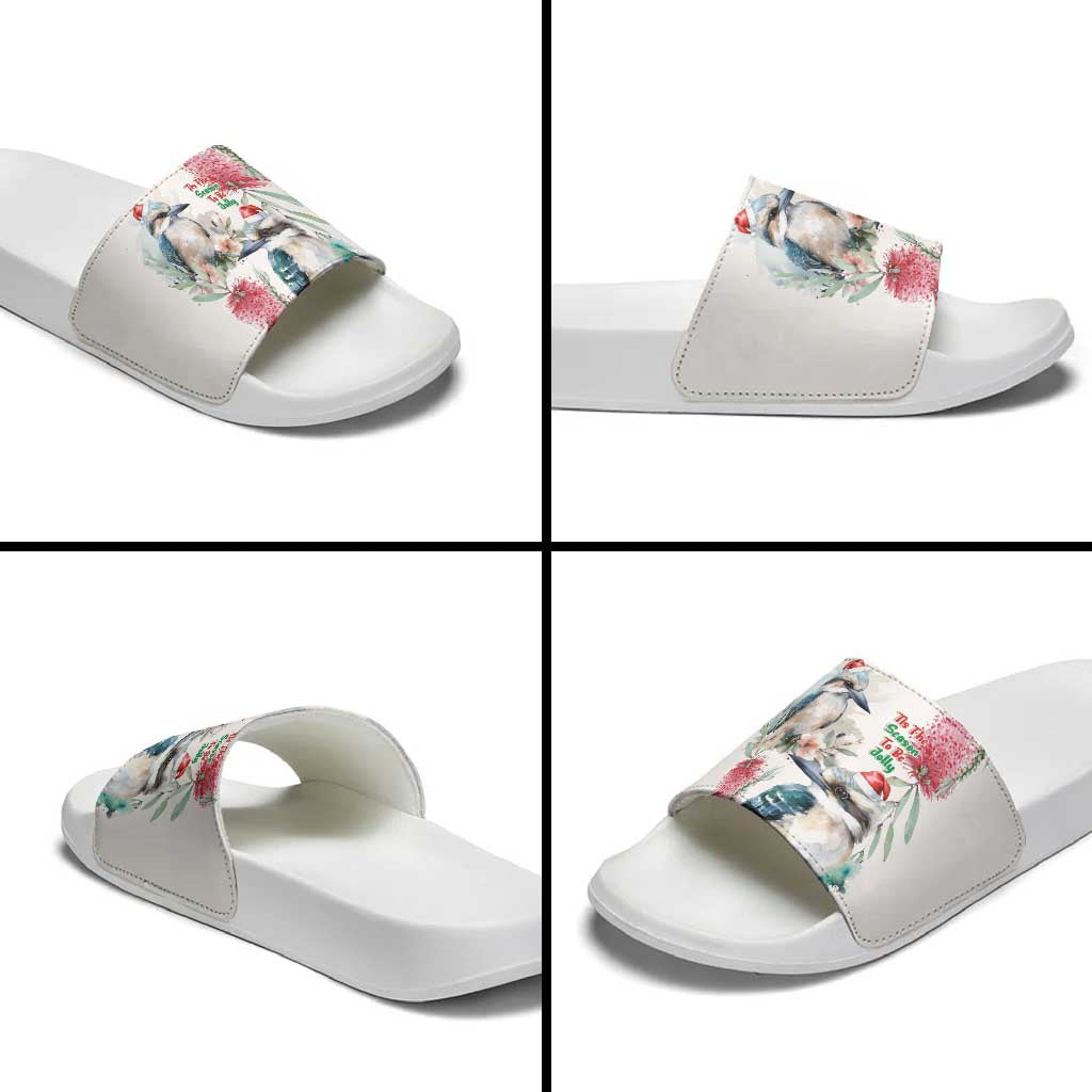 Australia Christmas Slide Sandals Jolly Kookaburra Bottlebrush Watercolor - Aussie Hoodie