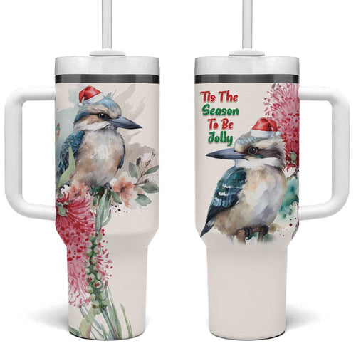 Australia Christmas Tumbler With Handle Jolly Kookaburra Bottlebrush Watercolor - Aussie Hoodie