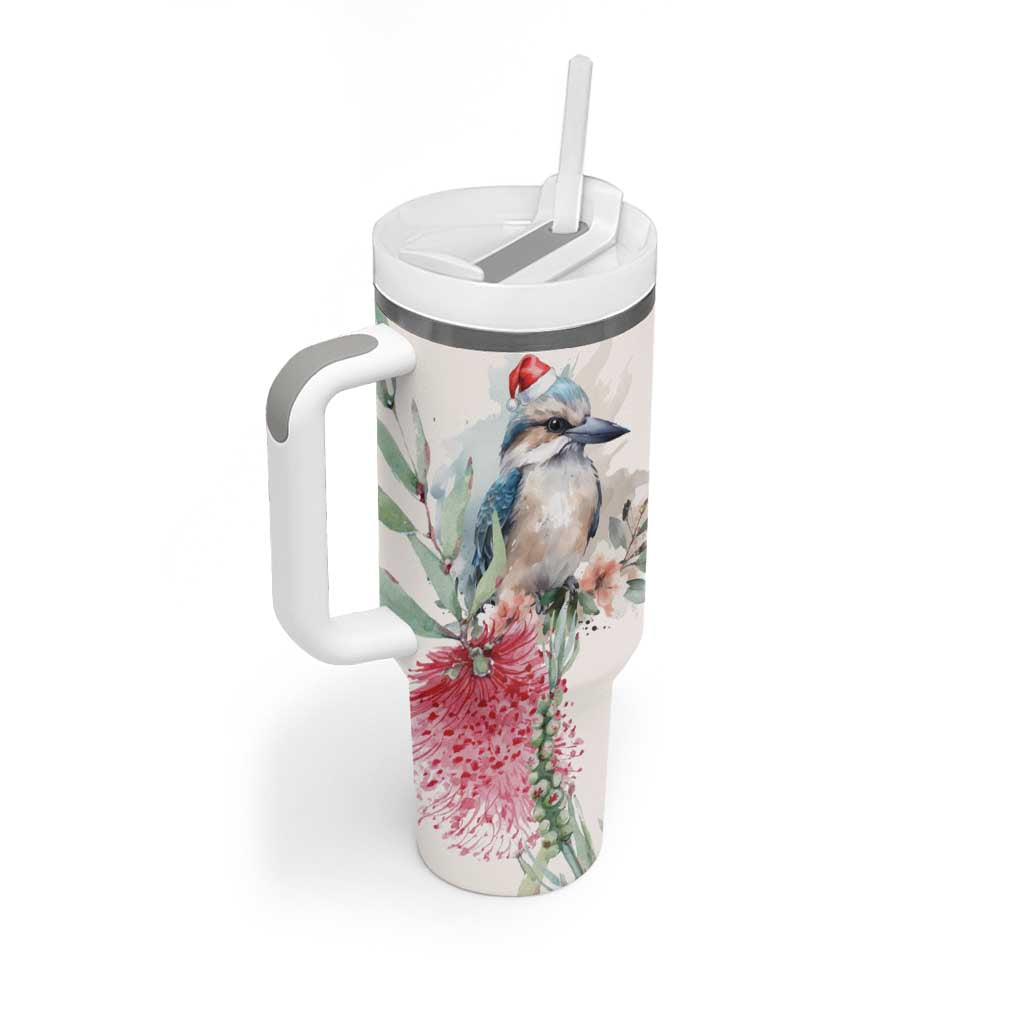 Australia Christmas Tumbler With Handle Jolly Kookaburra Bottlebrush Watercolor - Aussie Hoodie