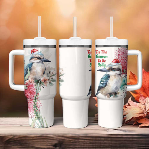 Australia Christmas Tumbler With Handle Jolly Kookaburra Bottlebrush Watercolor - Aussie Hoodie