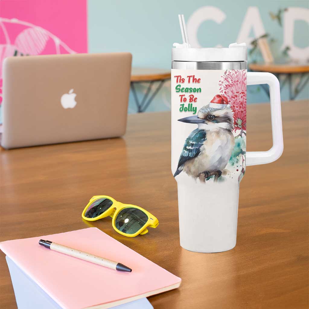 Australia Christmas Tumbler With Handle Jolly Kookaburra Bottlebrush Watercolor - Aussie Hoodie