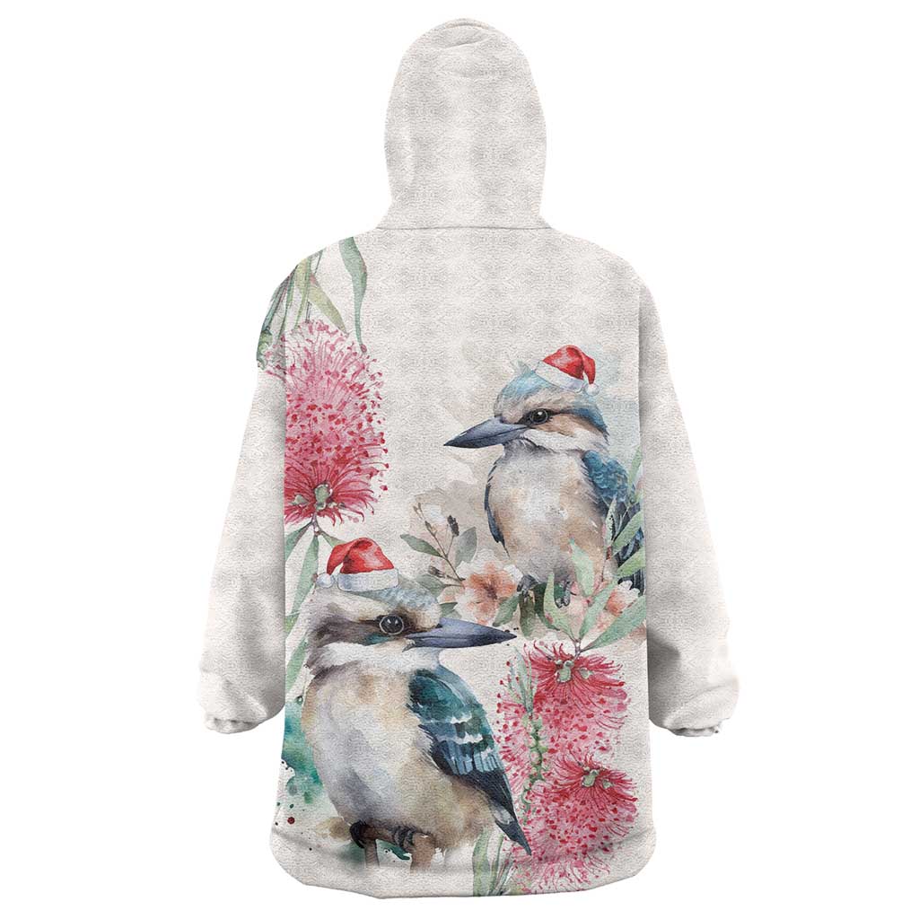Australia Christmas Wearable Blanket Hoodie Jolly Kookaburra Bottlebrush Watercolor - Aussie Hoodie