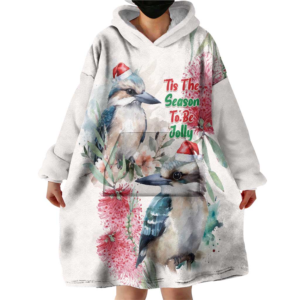 Australia Christmas Wearable Blanket Hoodie Jolly Kookaburra Bottlebrush Watercolor - Aussie Hoodie