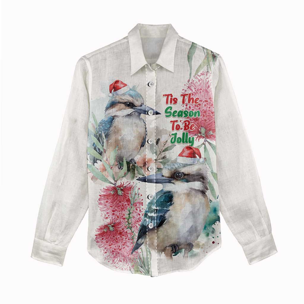 Australia Christmas Women Casual Shirt Jolly Kookaburra Bottlebrush Watercolor - Aussie Hoodie