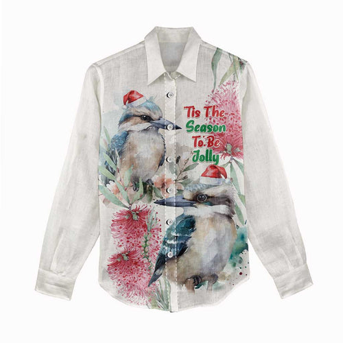 Australia Christmas Women Casual Shirt Jolly Kookaburra Bottlebrush Watercolor - Aussie Hoodie