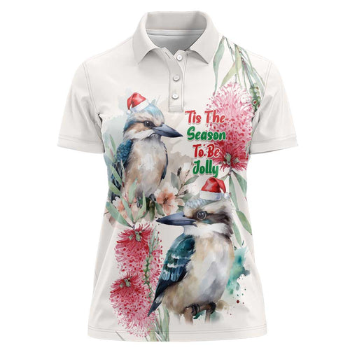 Australia Christmas Women Polo Shirt Jolly Kookaburra Bottlebrush Watercolor - Aussie Hoodie
