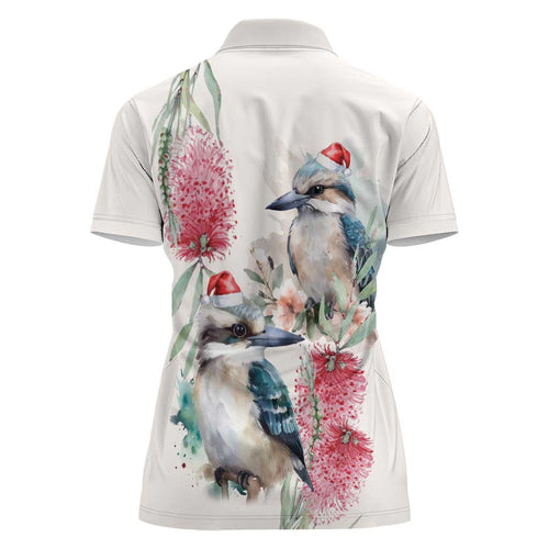 Australia Christmas Women Polo Shirt Jolly Kookaburra Bottlebrush Watercolor - Aussie Hoodie