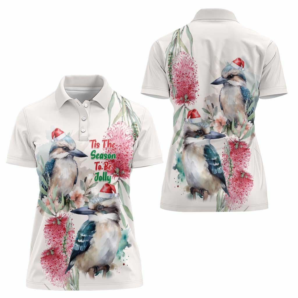 Australia Christmas Women Polo Shirt Jolly Kookaburra Bottlebrush Watercolor - Aussie Hoodie