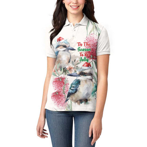 Australia Christmas Women Polo Shirt Jolly Kookaburra Bottlebrush Watercolor - Aussie Hoodie