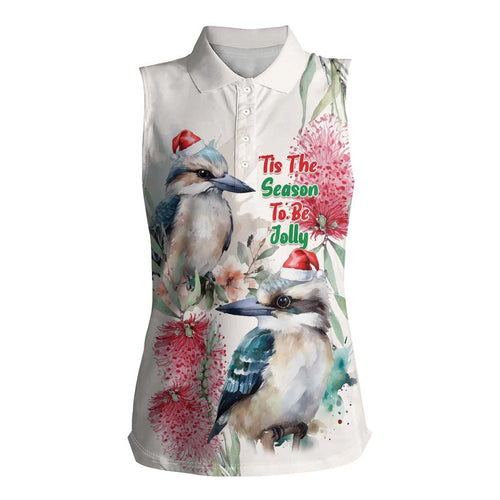 Australia Christmas Women Sleeveless Polo Shirt Jolly Kookaburra Bottlebrush Watercolor - Aussie Hoodie