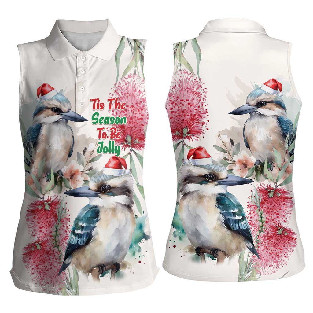 Australia Christmas Women Sleeveless Polo Shirt Jolly Kookaburra Bottlebrush Watercolor - Aussie Hoodie