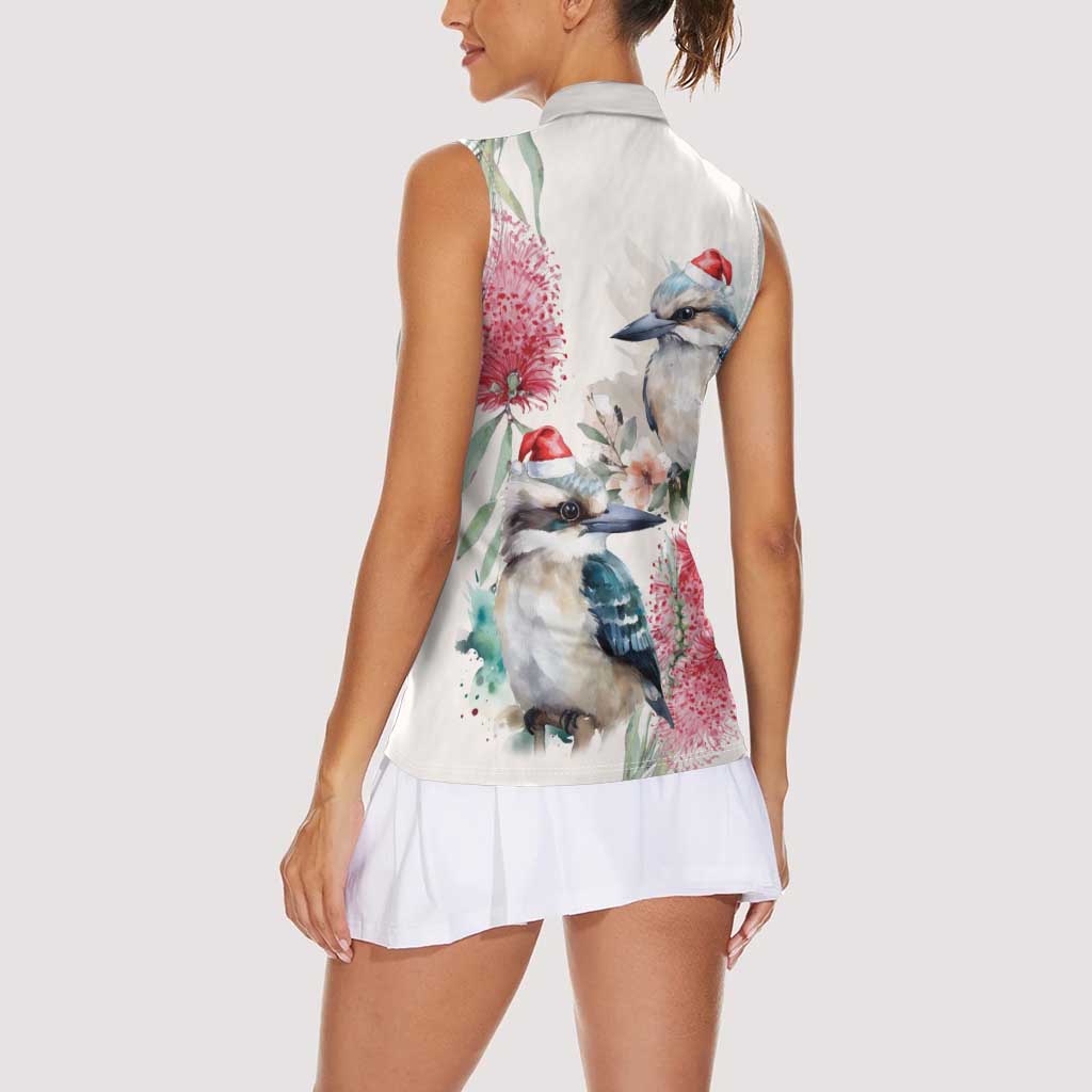 Australia Christmas Women Sleeveless Polo Shirt Jolly Kookaburra Bottlebrush Watercolor - Aussie Hoodie