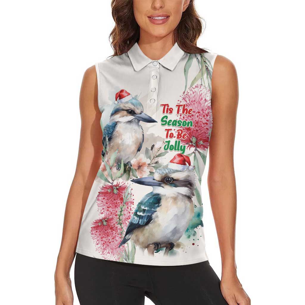 Australia Christmas Women Sleeveless Polo Shirt Jolly Kookaburra Bottlebrush Watercolor - Aussie Hoodie