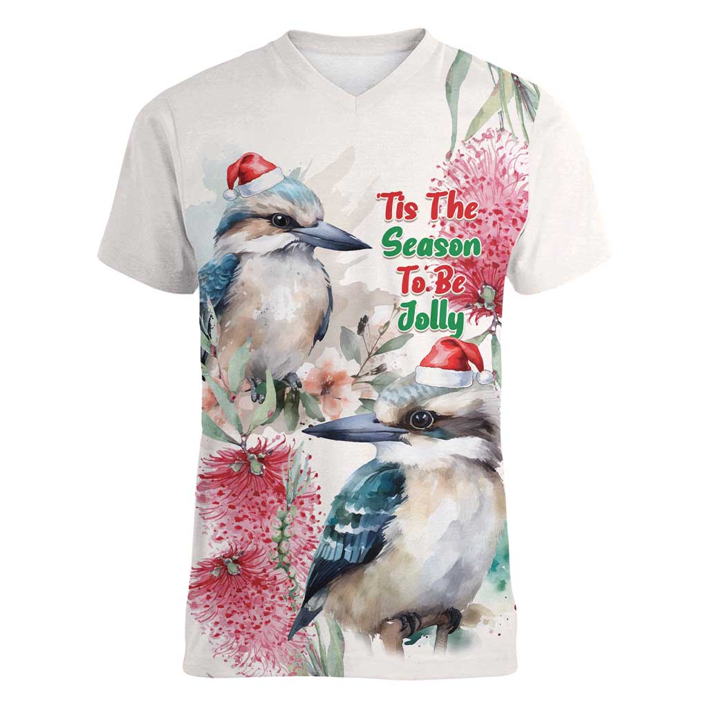 Australia Christmas Women V-Neck T-Shirt Jolly Kookaburra Bottlebrush Watercolor - Aussie Hoodie
