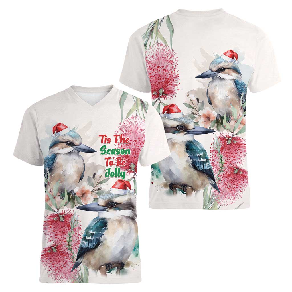 Australia Christmas Women V-Neck T-Shirt Jolly Kookaburra Bottlebrush Watercolor - Aussie Hoodie