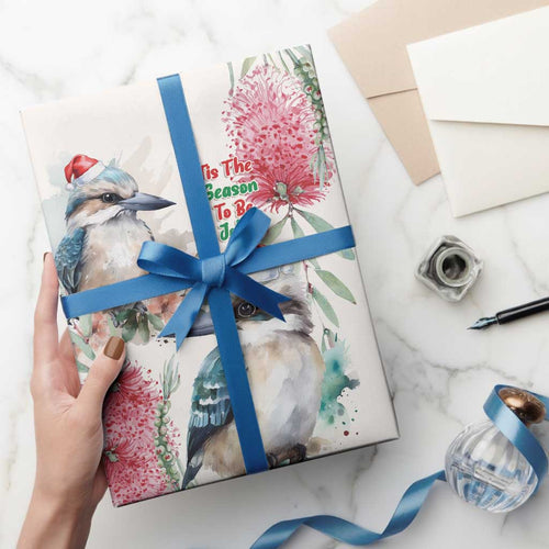 Australia Christmas Wrapping Paper Jolly Kookaburra Bottlebrush Watercolor - Aussie Hoodie